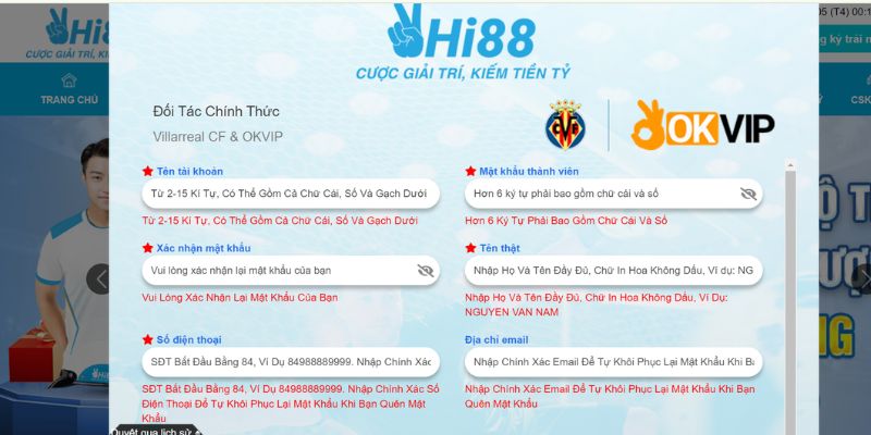 Điền dữ liệu đăng ký HI88